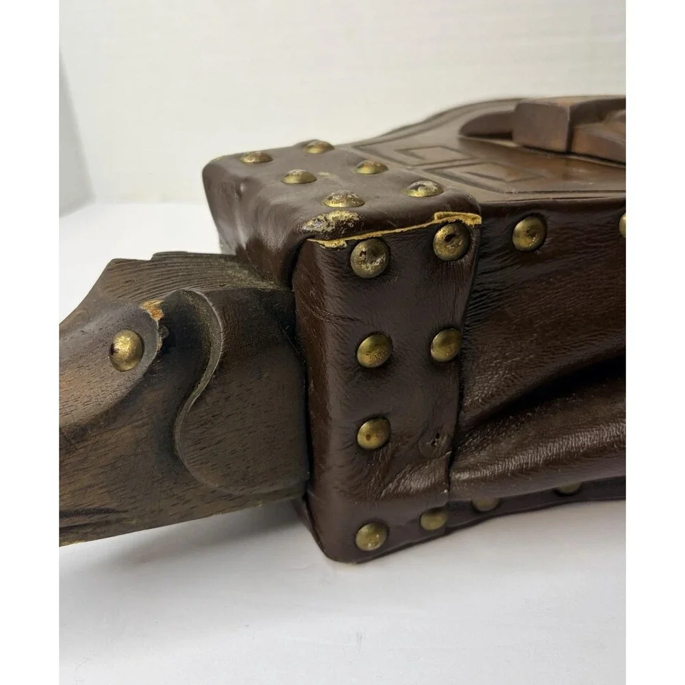Vintage Hand Carved Wood Fireplace Bellows Andean Llama Folk Art Leather Brass